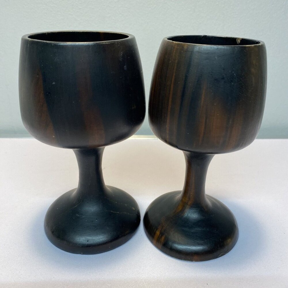 Vintage Set of 4 Dark Wooden Stemmed Wine Goblets Hand turned Mid-Century Modern - Picture 5 of 16